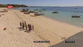 DRONE AERIAL of the Madagascar Island with tourists standing near the boats GOOD LIGHT