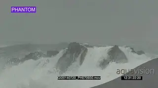 Big waves rolling in over rocks Overcast rain conditions PHANTOM