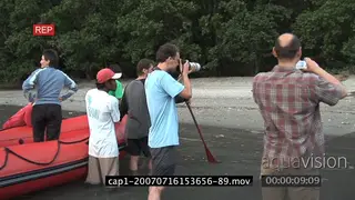 Tourists standing in river looking at Komodo Dragons feeding on a kill on riverbank and.