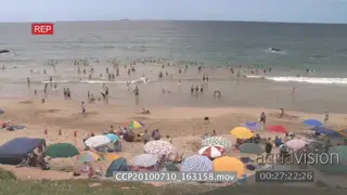 Ocean zoom out to beach with people under umbrella's general behaviour
