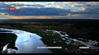 Stunning Aerial tilt from the okavango river to the orange sunset showing the flooded.