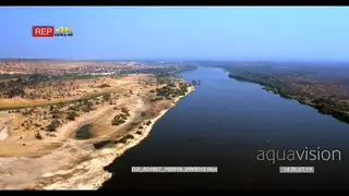Low aerial shot along chobe river during dry season with kasane in the distance showing.