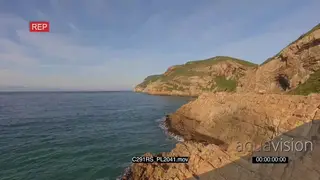 SCENIC of costal mountains pan to Great White shark patrolling hunting in ocean
