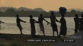 Local young men pulling fishing nets out of river woman nearby riverbank washing dishes.